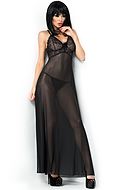 Long negligee, sheer mesh, openwork lace, back slit